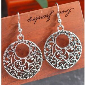 Round Silver Filigree Dangle Pendant Earrings Drop Open Circle Charm Boho Lghtwt